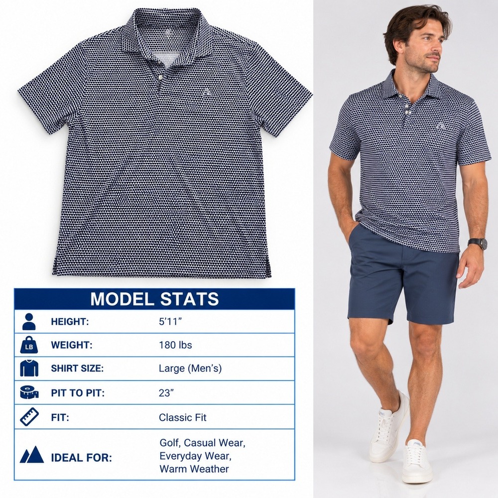 Rhoback Mens Large Performance Golf Polo Shirt Navy White Geometric Print SC